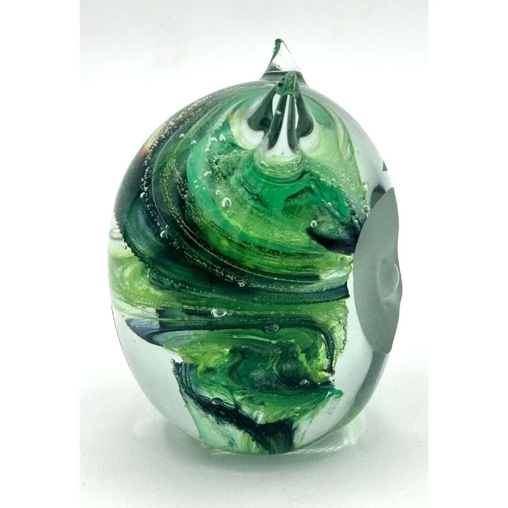 Kerry Glass Art Blown Glass Paperweight Owl‎ Green Swirl Hand Made in Ireland